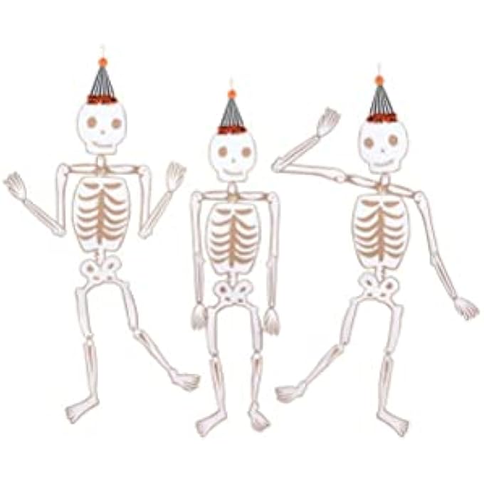 VINTAGE GIANT HALLOWEEN JOINTED SKELETONS, PACK OF 3  LARGE SMILING DECORATIONS WITH HATS, COPPER FOIL & CREPE PAPER FRINGING, HANGING PARTY DECOR, EASY ASSEMBLY, SPOOKY FUN - Image 3